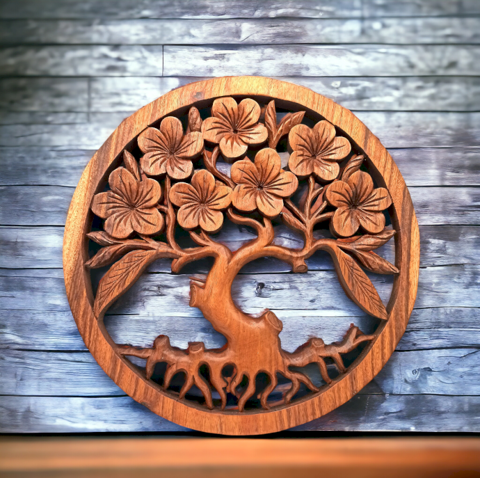Tree of Life / Frangipani - Handmade Decorative Suar Wooden Plaque - 40cm