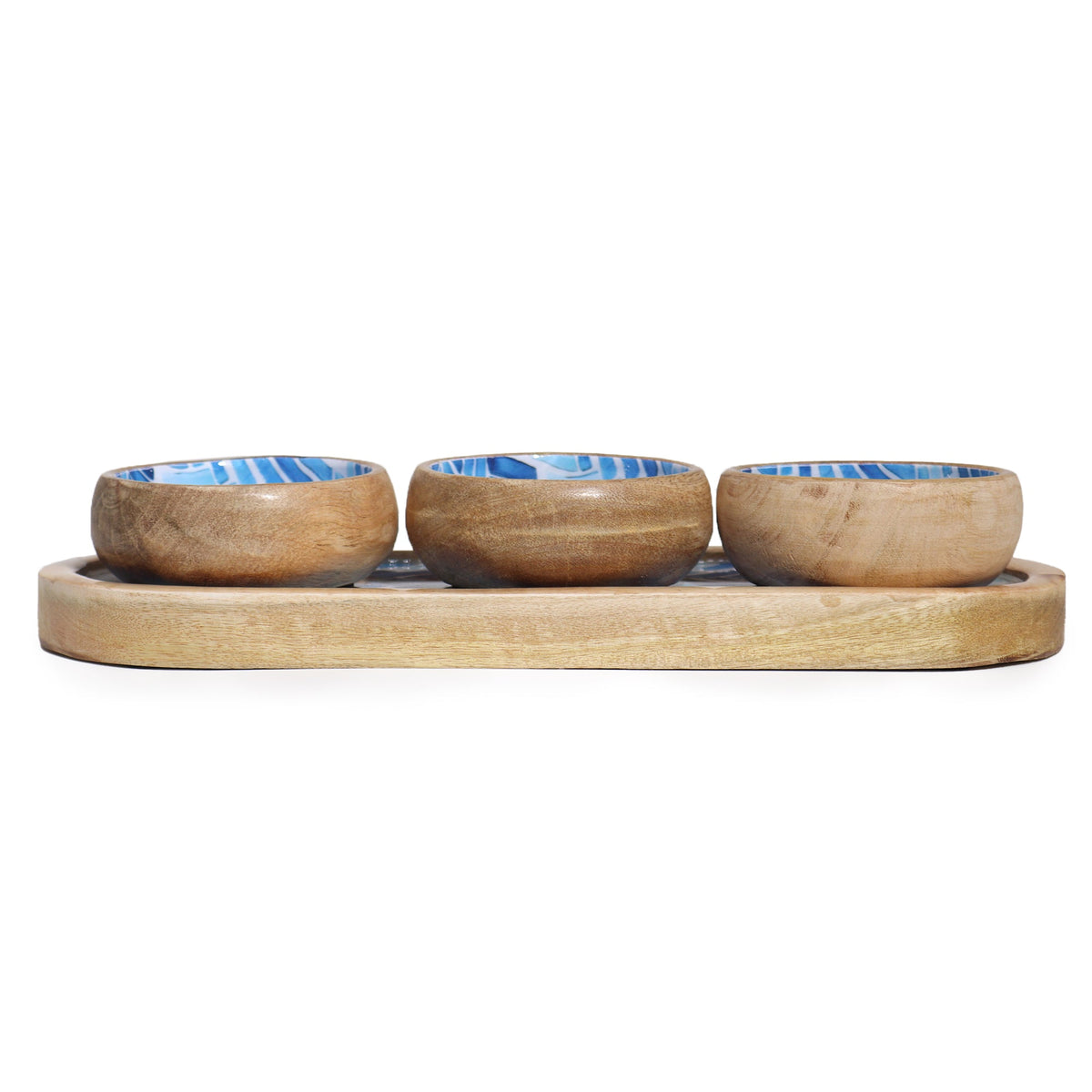 Mango Wood Tray with 3 Bowls - Blue Stripes, side view with three round bowls aligned on the long tray, by Quintessential Holistic Health Ltd