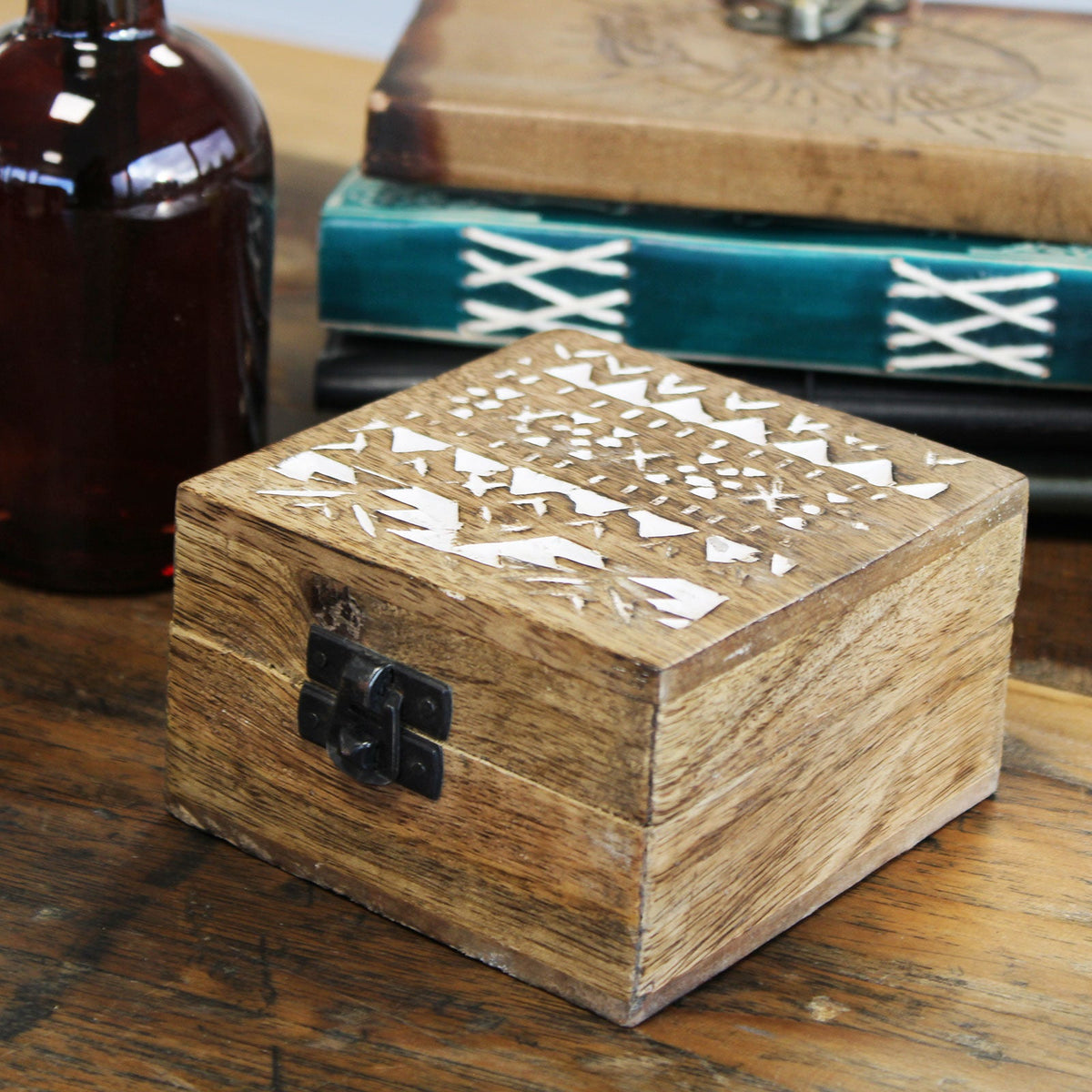 Mango Wood Keepsake Box - Medium - Whitewash - Slavic Design, closed square box with rows of white motifs and a dark clasp by Quintessential Holistic Health Ltd