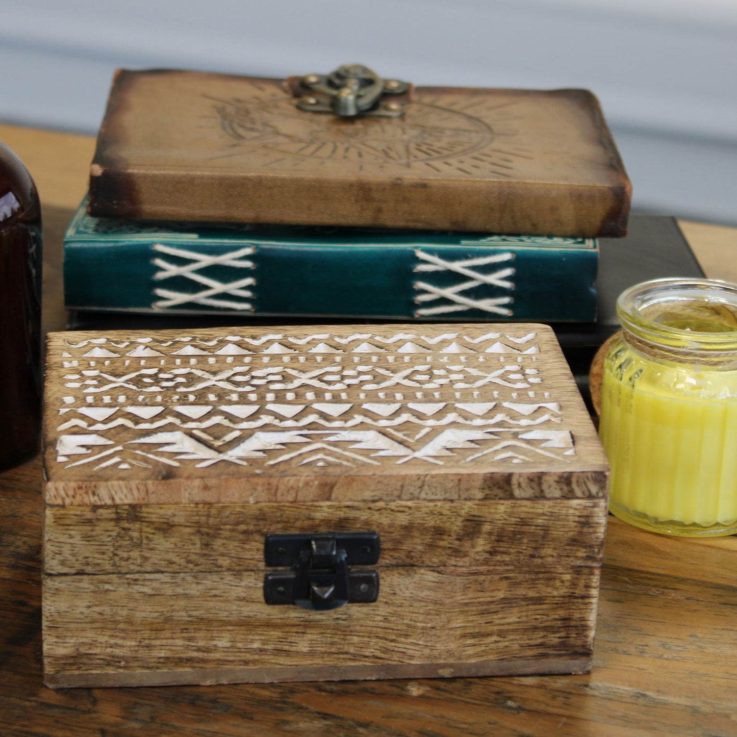 Mango Wood Keepsake Box - Large - Whitewash - Slavic Design, closed rectangular box with detailed white lid motifs and black clasp, by Quintessential Holistic Health Ltd