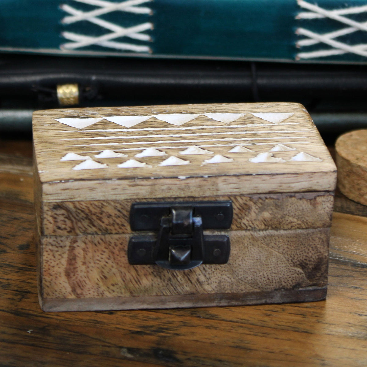 Mango Wood Keepsake Box - Small - Whitewash - Aztec Design, closed box with rows of white triangular motifs and a black decorative clasp by Quintessential Holistic Health Ltd