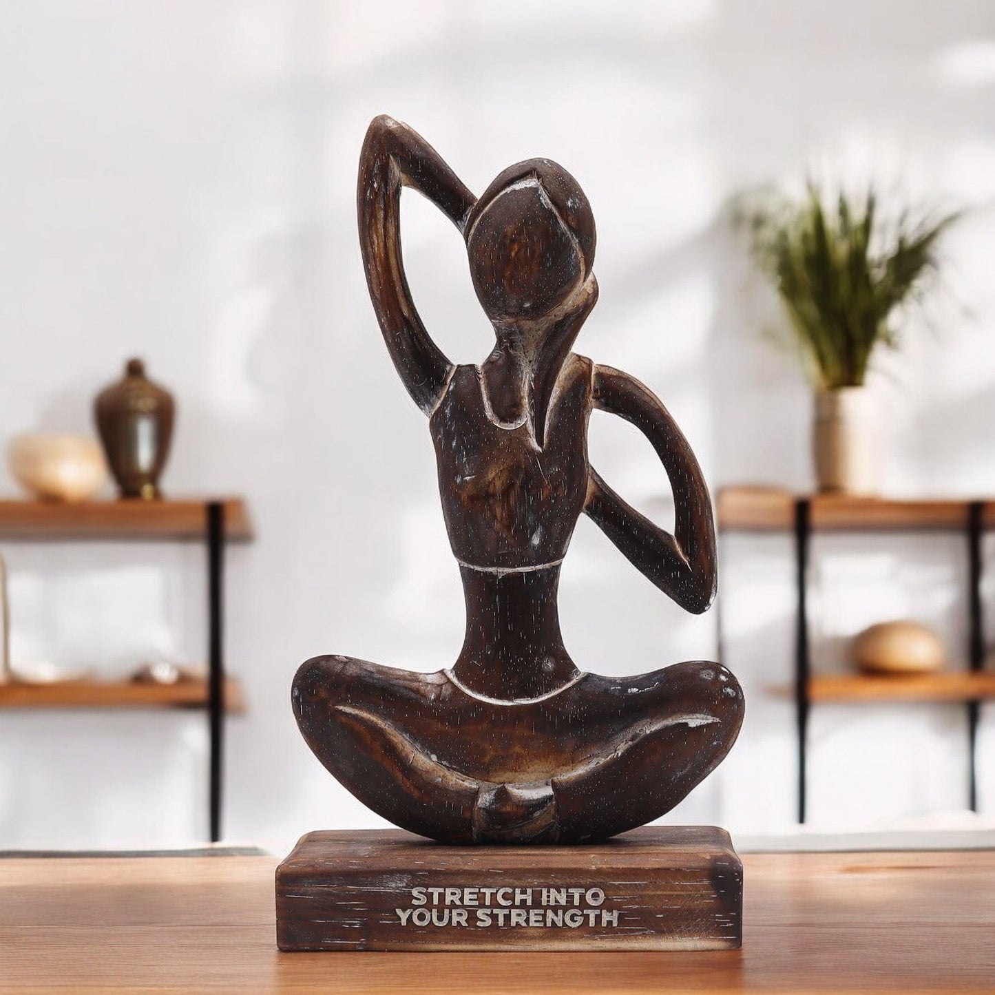 Handmade Eco-Friendly Albasia Wood Yoga Lady - Cow Face Pose / Stretch into Your Strength - Antique Brown product packaging on clean background from Quintessential Holistic Health Ltd