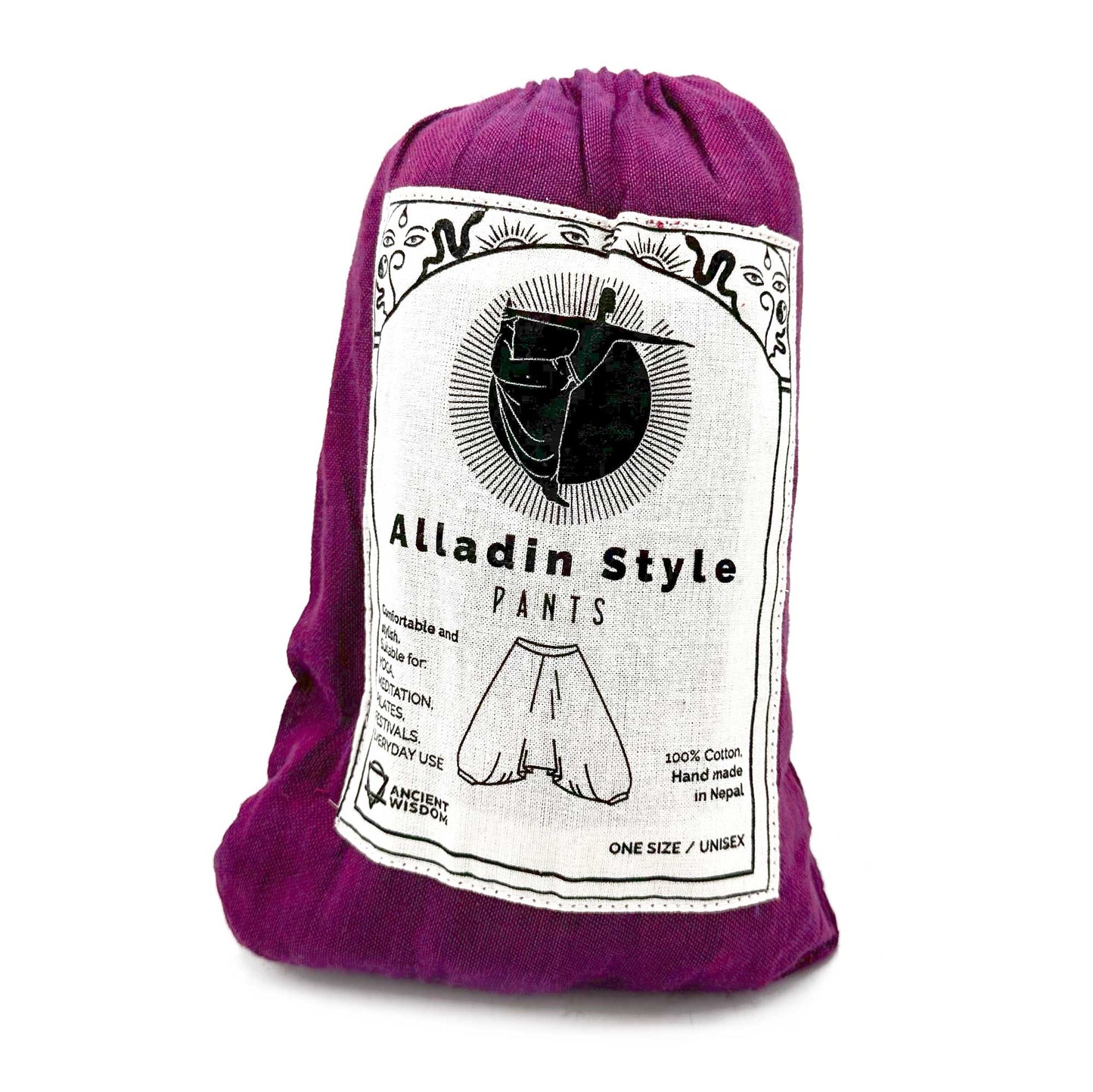100% Eco-Friendly Cotton Unisex Aladdin Style Yoga and Festival Pants - Purple Multicolour / Himalayan Print product packaging on clean background from Quintessential Holistic Health Ltd