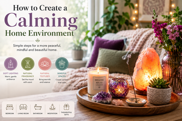 Calming home environment featuring a Himalayan salt lamp, scented candle, incense, crystals, flowers and cosy home décor for mindful living from Quintessential Holistic Health Ltd.