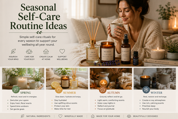 Seasonal self-care routine ideas featuring candles, diffuser, herbal tea and cosy home wellness inspiration for spring, summer, autumn and winter from Quintessential Holistic Health Ltd.