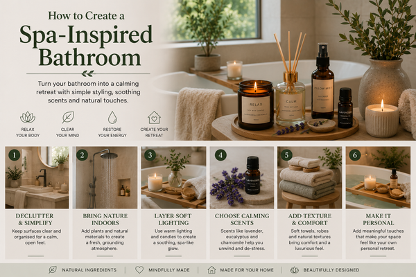 Spa-inspired bathroom with candles, reed diffuser, essential oils, soft towels and natural décor for relaxing home wellness from Quintessential Holistic Health Ltd.