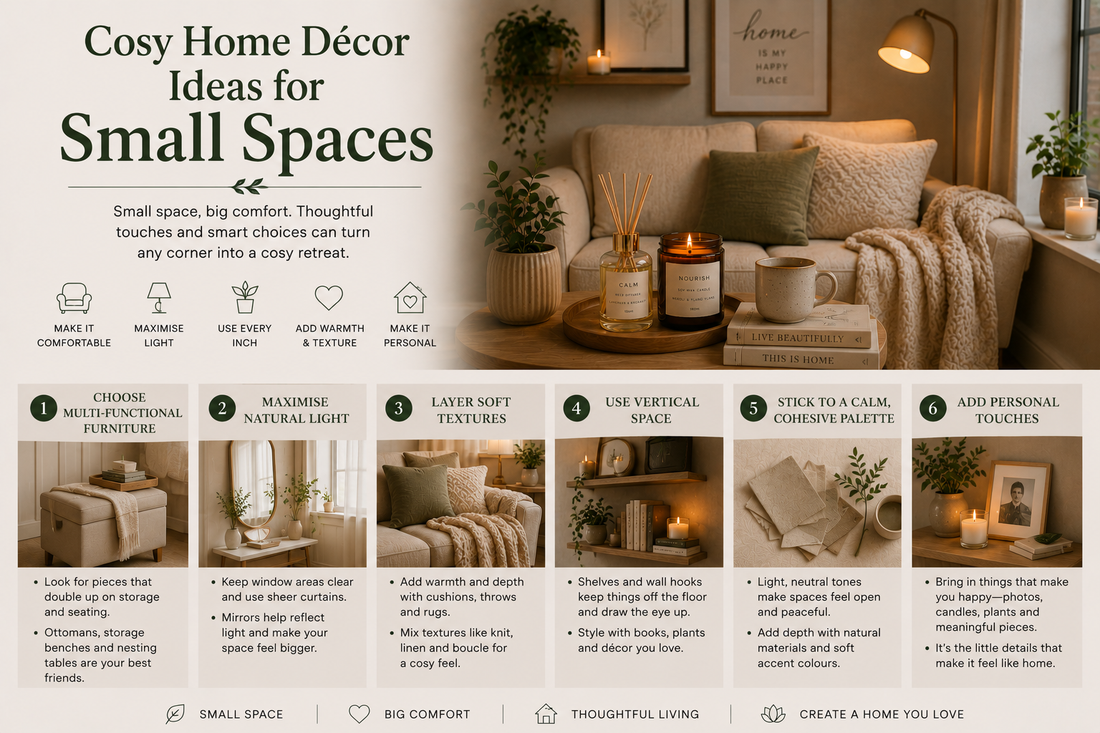 Cosy small-space home décor featuring soft lighting, candles, reed diffuser, textured furnishings and practical styling ideas from Quintessential Holistic Health Ltd.
