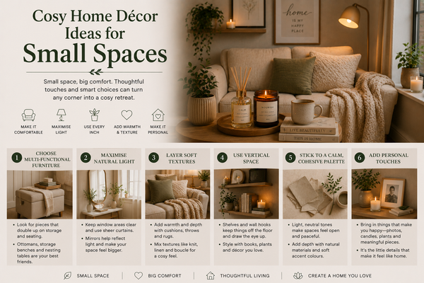 Cosy small-space home décor featuring soft lighting, candles, reed diffuser, textured furnishings and practical styling ideas from Quintessential Holistic Health Ltd.