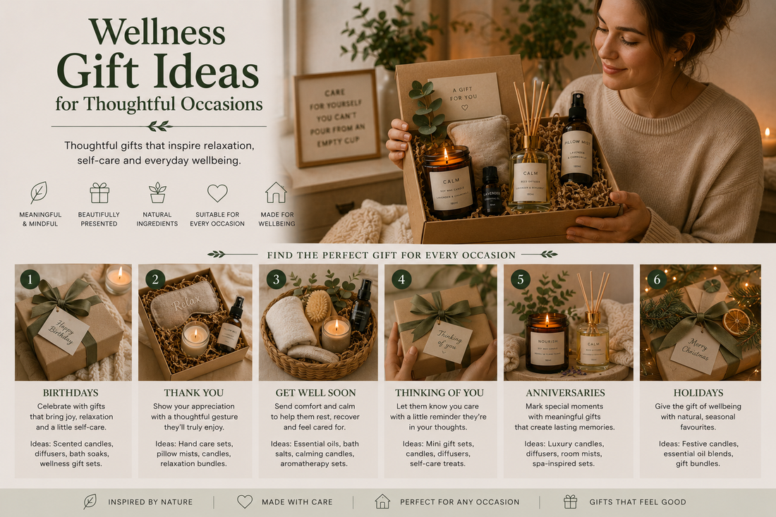 Wellness gift ideas for thoughtful occasions featuring self-care gift sets, candles, diffuser, aromatherapy products and mindful gifting inspiration from Quintessential Holistic Health Ltd.