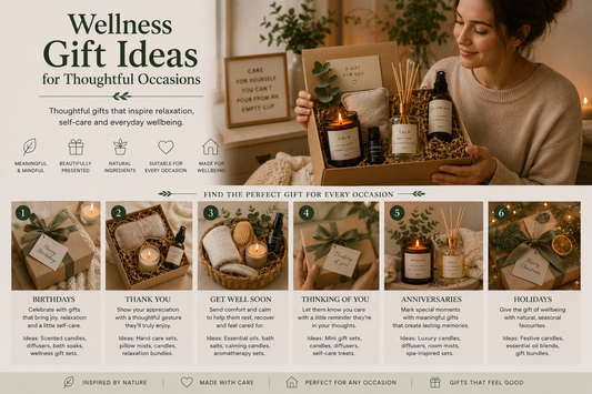 Wellness gift ideas for thoughtful occasions featuring self-care gift sets, candles, diffuser, aromatherapy products and mindful gifting inspiration from Quintessential Holistic Health Ltd.