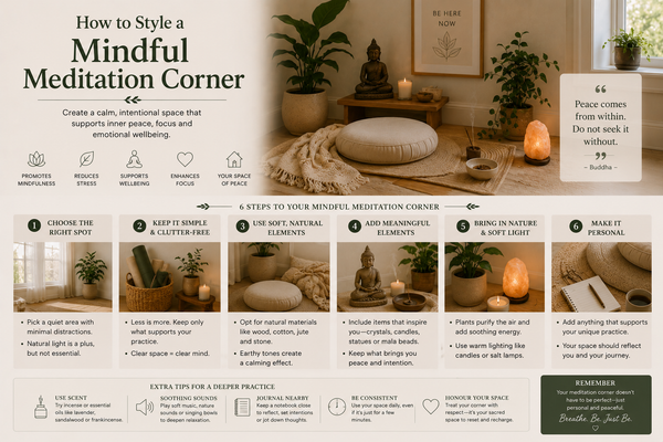 Mindful meditation corner with floor cushion, Buddha statue, Himalayan salt lamp, candles, plants and calming home décor from Quintessential Holistic Health Ltd.
