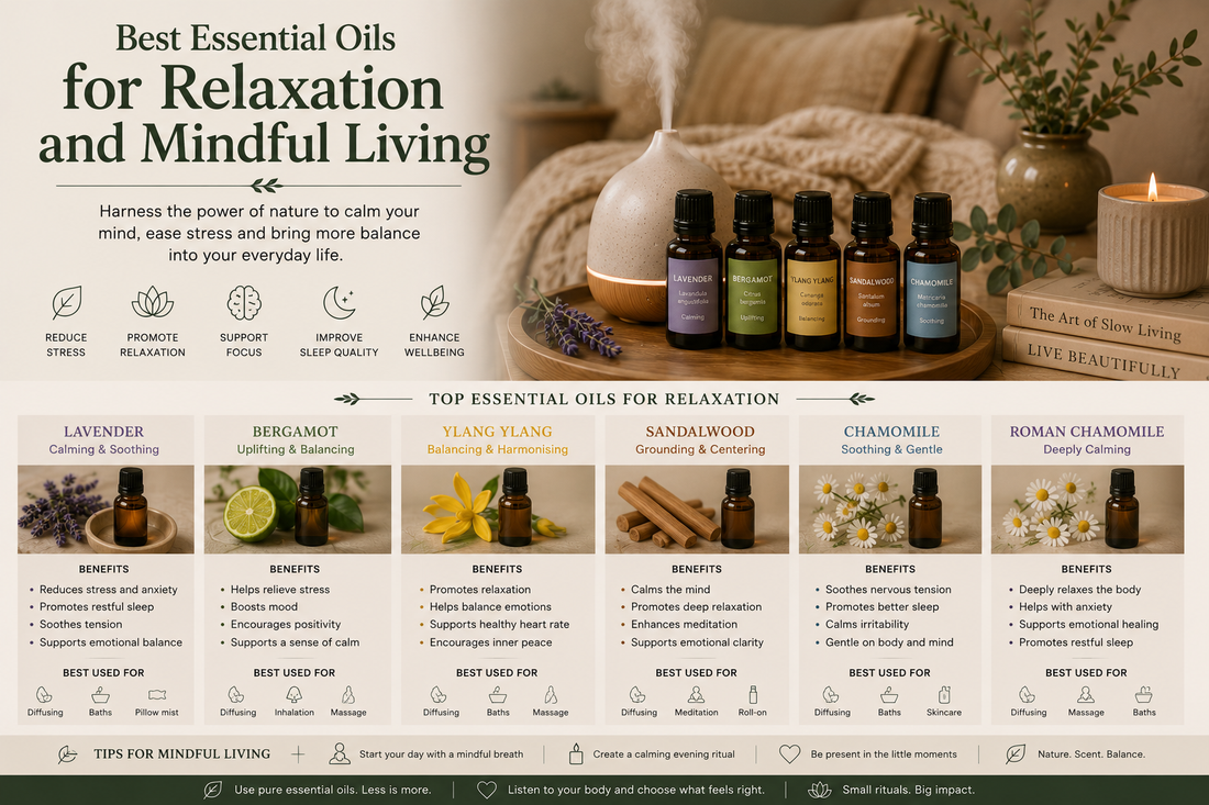 Essential oils for relaxation and mindful living featuring lavender, bergamot, ylang ylang, sandalwood and chamomile with diffuser, candle and cosy home décor from Quintessential Holistic Health Ltd.