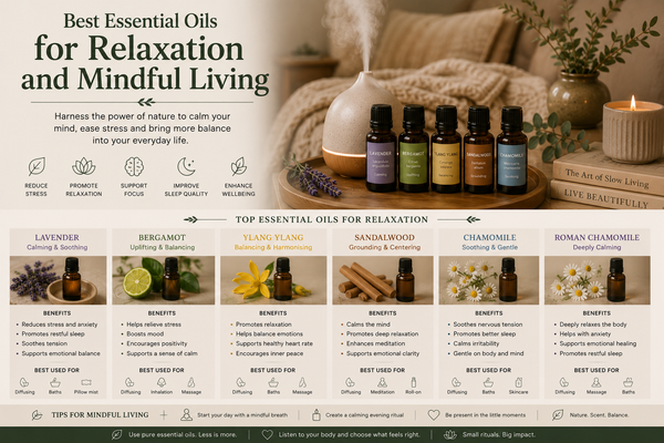 Essential oils for relaxation and mindful living featuring lavender, bergamot, ylang ylang, sandalwood and chamomile with diffuser, candle and cosy home décor from Quintessential Holistic Health Ltd.