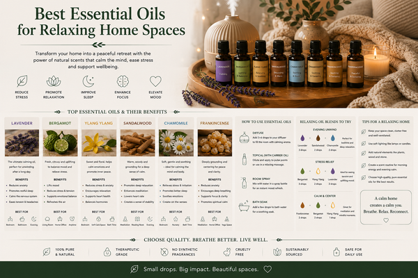 Essential oils for relaxing home spaces featuring lavender, bergamot, ylang ylang, sandalwood and chamomile with diffuser and candle from Quintessential Holistic Health Ltd.