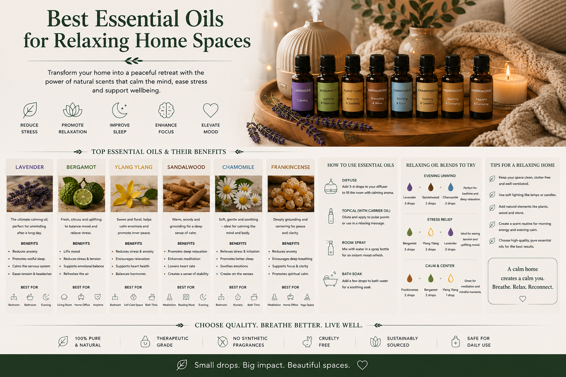 Essential oils for relaxing home spaces featuring lavender, bergamot, ylang ylang, sandalwood and chamomile with diffuser and candle from Quintessential Holistic Health Ltd.