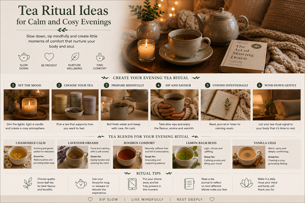 Tea ritual for calm and cosy evenings featuring herbal tea, teapot, candlelight, relaxation journal and comforting home atmosphere from Quintessential Holistic Health Ltd.