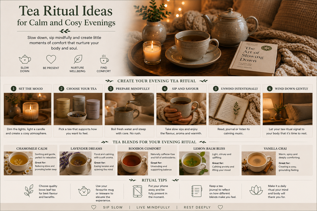 Tea ritual for calm and cosy evenings featuring herbal tea, teapot, candlelight, relaxation journal and comforting home atmosphere from Quintessential Holistic Health Ltd.