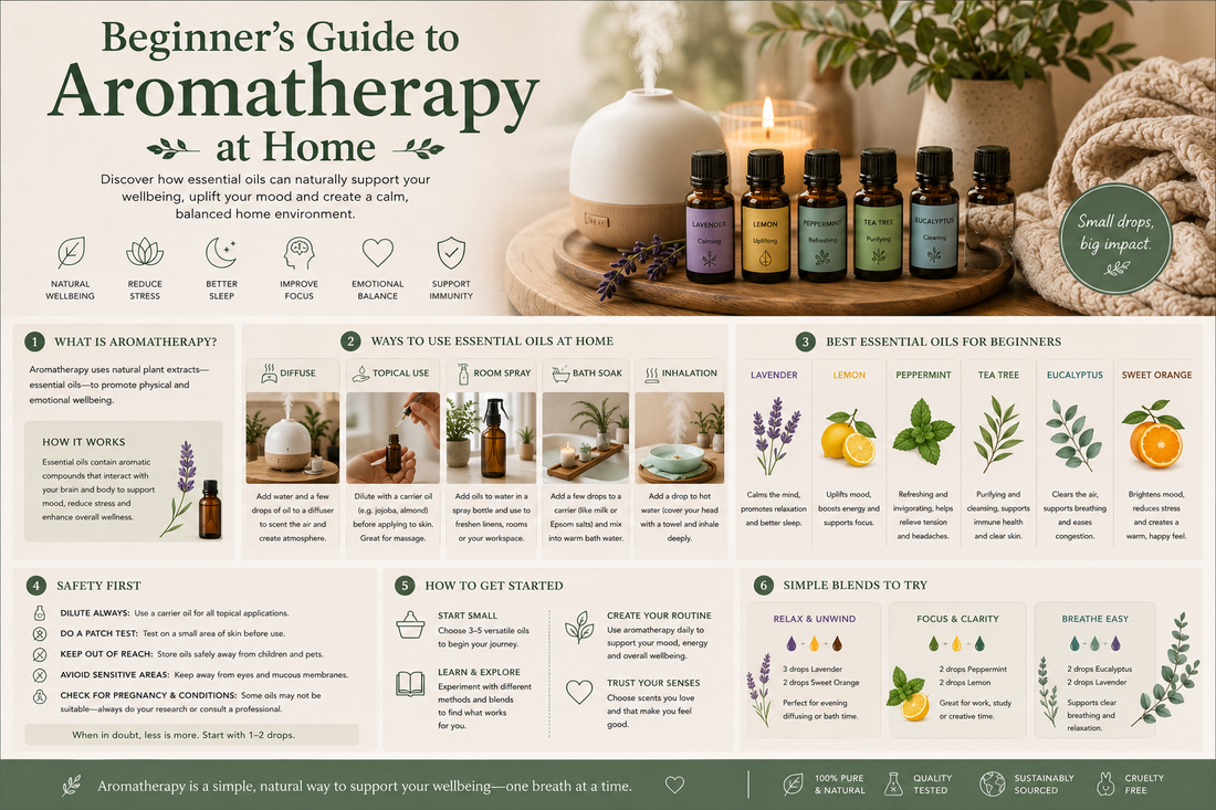Beginner’s guide to aromatherapy at home featuring essential oils, diffuser, natural wellness, relaxation and home fragrance inspiration from Quintessential Holistic Health Ltd.