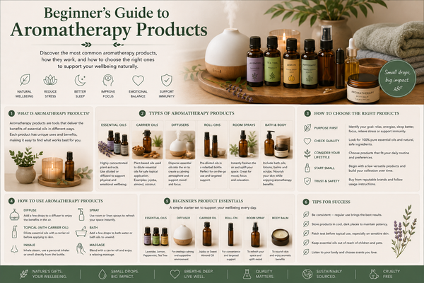 Beginner’s aromatherapy guide featuring essential oils, diffuser, carrier oils and wellness products for home fragrance and mindful living from Quintessential Holistic Health Ltd.