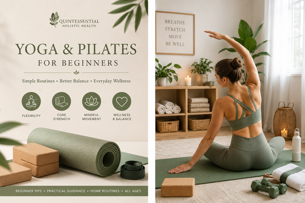Yoga and Pilates for beginners guide featuring home exercise equipment, yoga mat, blocks and woman practising mindful stretching in a calming wellness-inspired space