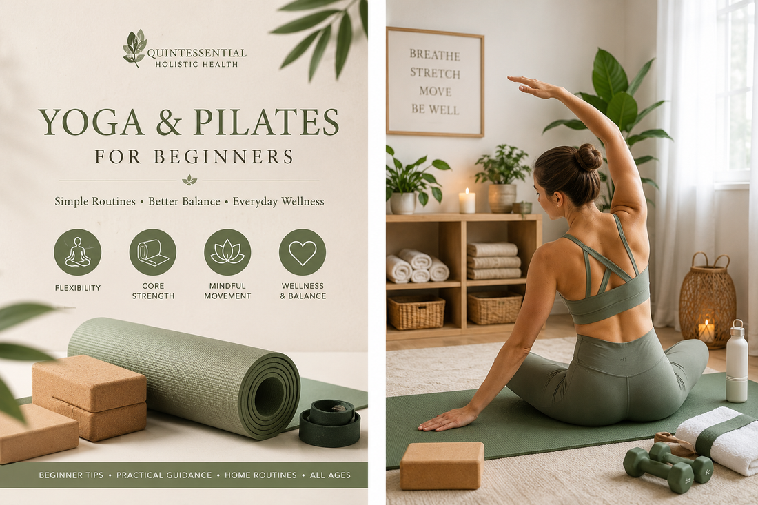 Yoga and Pilates for beginners guide featuring home exercise equipment, yoga mat, blocks and woman practising mindful stretching in a calming wellness-inspired space