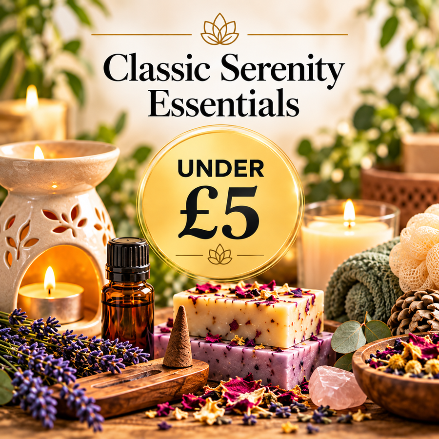 Classic Serenity Essentials Under £5 by Quintessential Holistic Health, featuring aromatherapy oils, incense, candles, oil burners, botanical soaps and bath products.