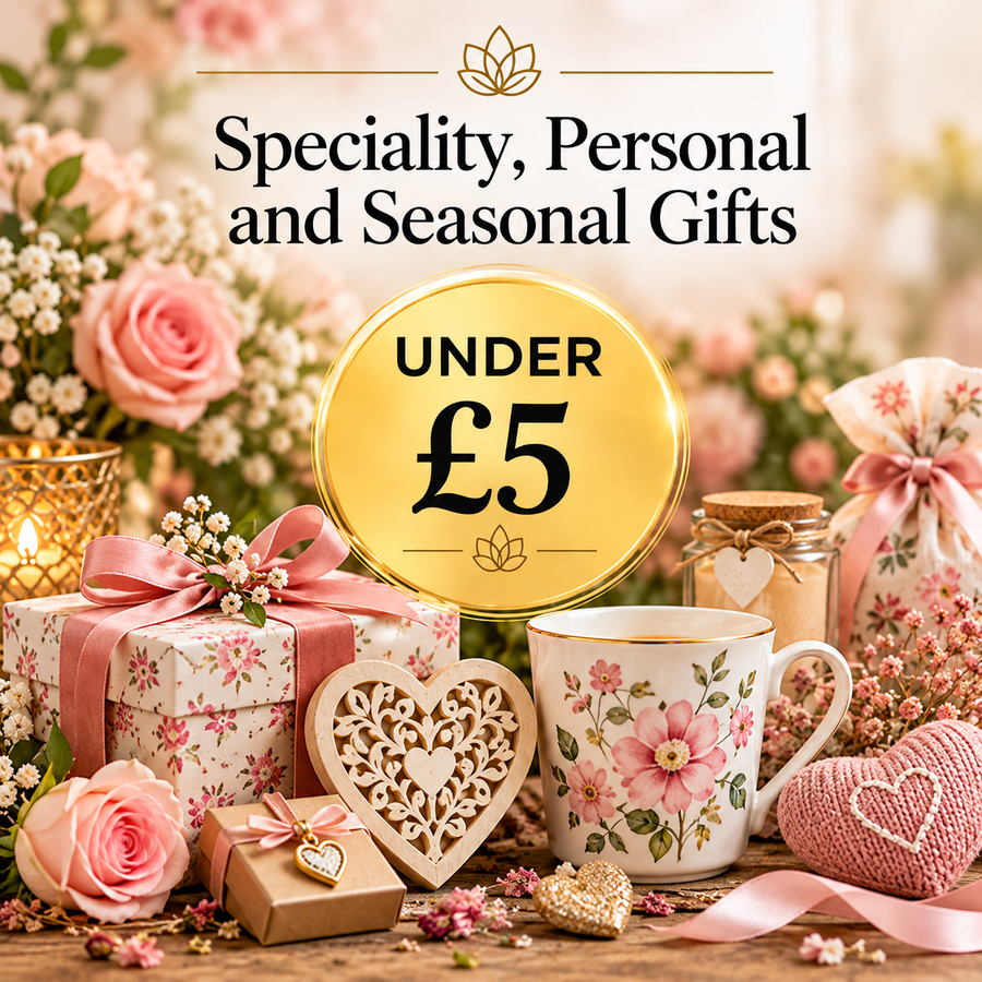 Speciality, Personal and Seasonal Gifts Under £5 by Quintessential Holistic Health, featuring wrapped presents, decorative keepsakes, floral gifts and seasonal accessories.