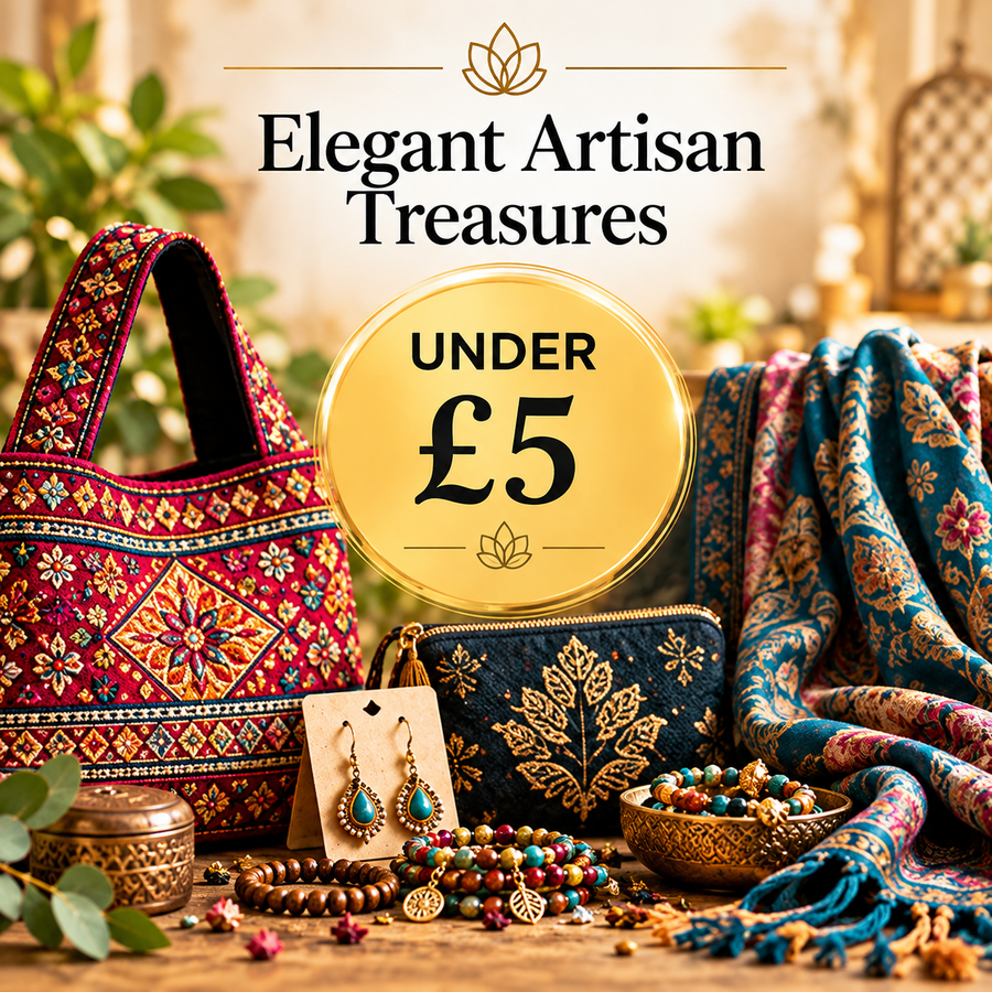 Elegant Artisan Treasures Under £5 by Quintessential Holistic Health, featuring colourful artisan bags, purses, patterned scarves, jewellery and fashion accessories.
