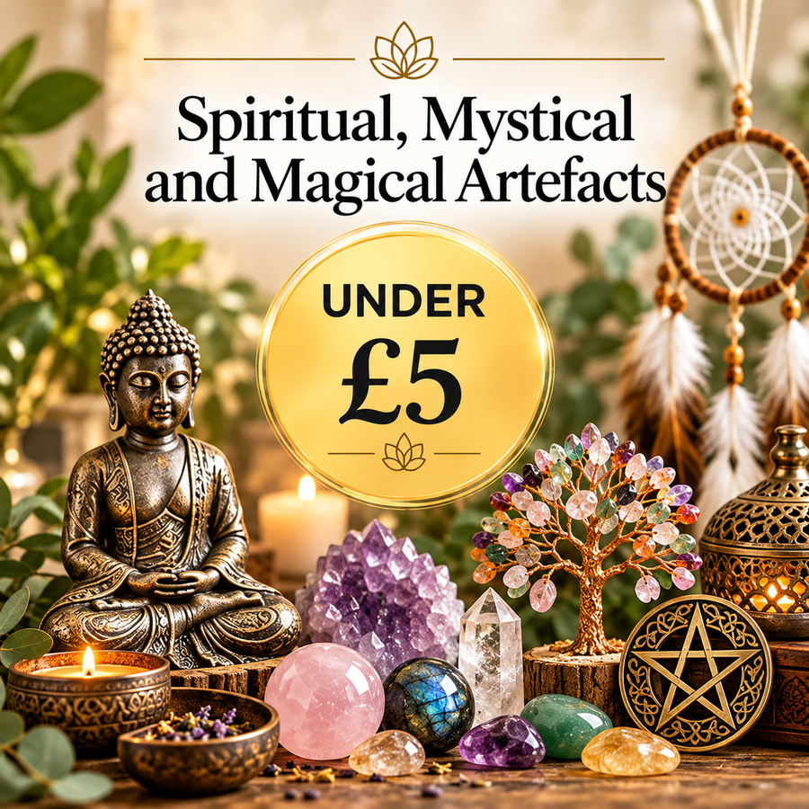 Spiritual, Mystical and Magical Artefacts Under £5 by Quintessential Holistic Health, featuring crystals, gemstones, a Buddha figurine, dreamcatcher and spiritual ornaments.