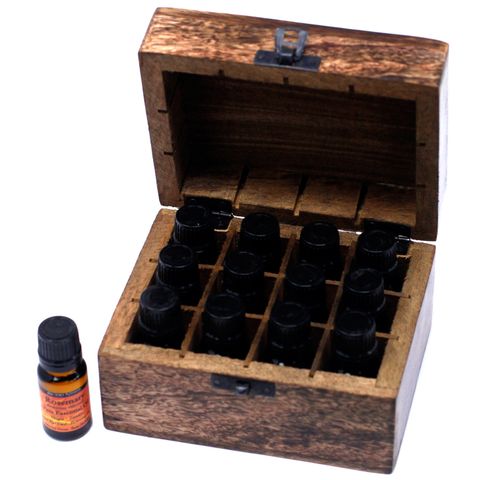 Mango Wood Hand Carved Aromatherapy Essential Oil Box - Floral Design for 12 Bottles