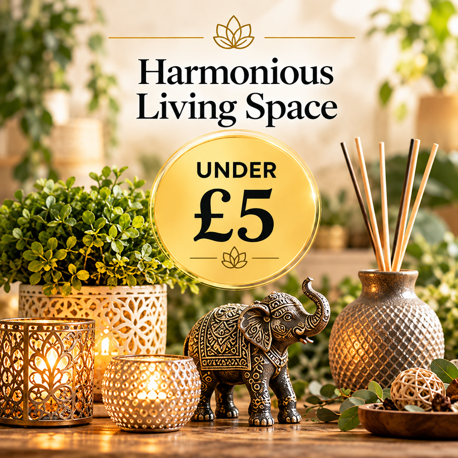 Harmonious Living Space Under £5 by Quintessential Holistic Health, featuring decorative candle holders, an ornamental elephant, greenery and home décor accessories.