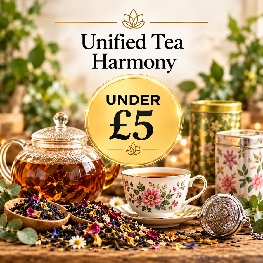 Unified Tea Harmony Under £5 by Quintessential Holistic Health, featuring loose-leaf tea, a glass teapot, floral teacup, tea tins and a stainless steel tea infuser.
