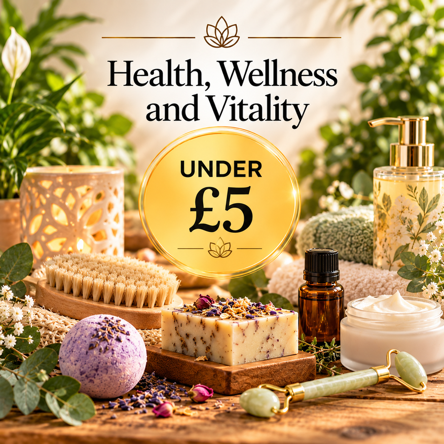 Health, Wellness and Vitality Under £5 by Quintessential Holistic Health, featuring botanical soap, a bath bomb, body cream, skincare products, a massage brush and facial roller.