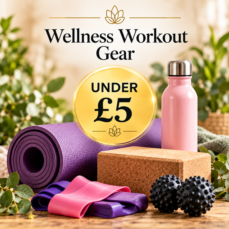 Wellness Workout Gear Under £5 by Quintessential Holistic Health, featuring a yoga mat, resistance bands, yoga block, reusable water bottle and fitness accessories.