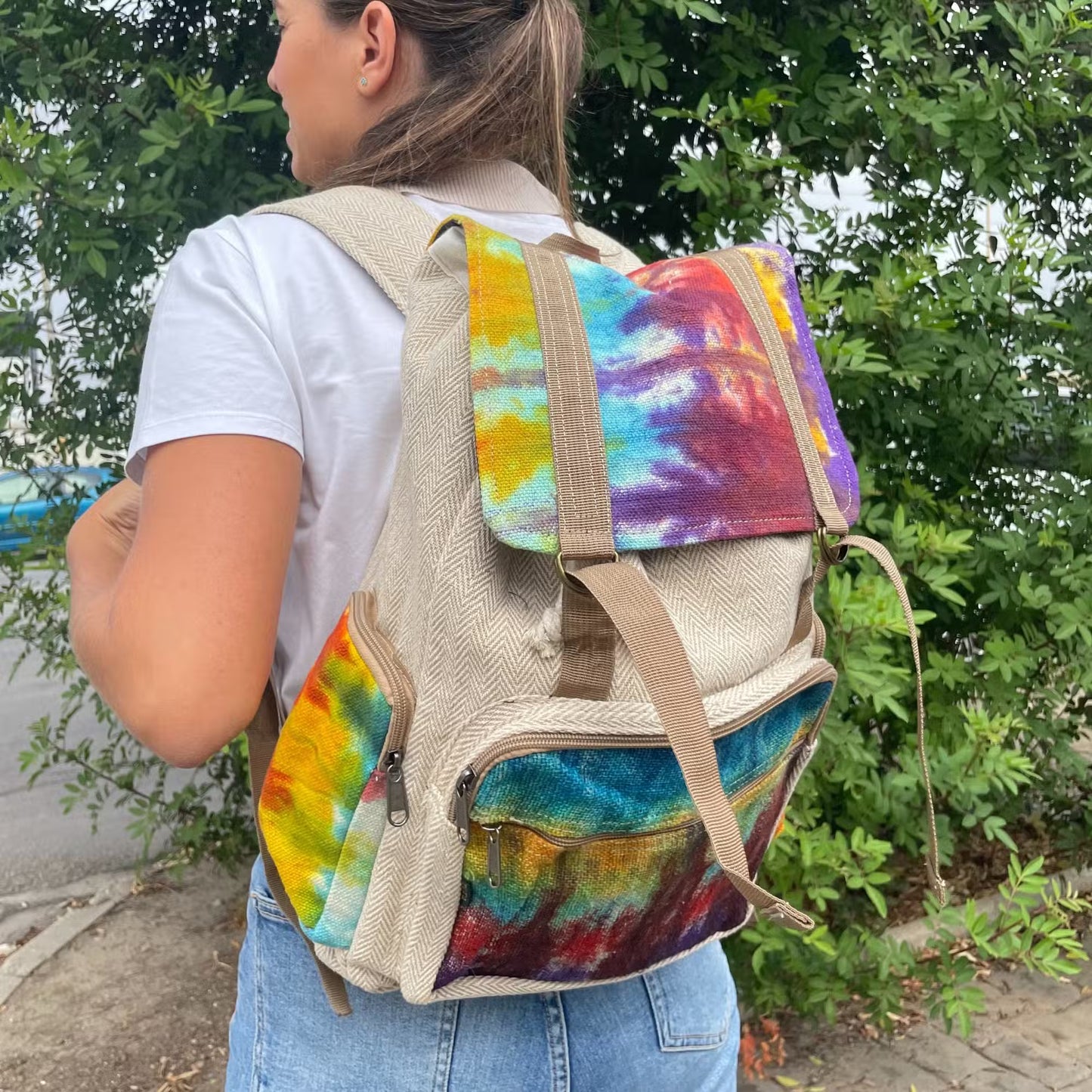 Eco-Friendly Tie Dyed Hemp and Cotton Backpack - Square / Large