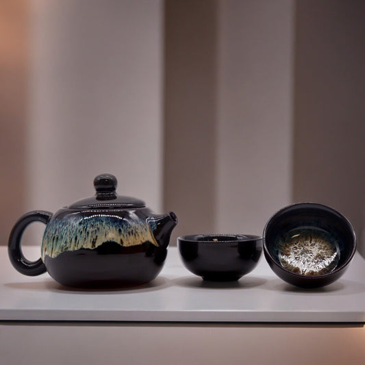 200ml Black Glazed Ceramic  Herbal Teapot with 2 Matching Cups