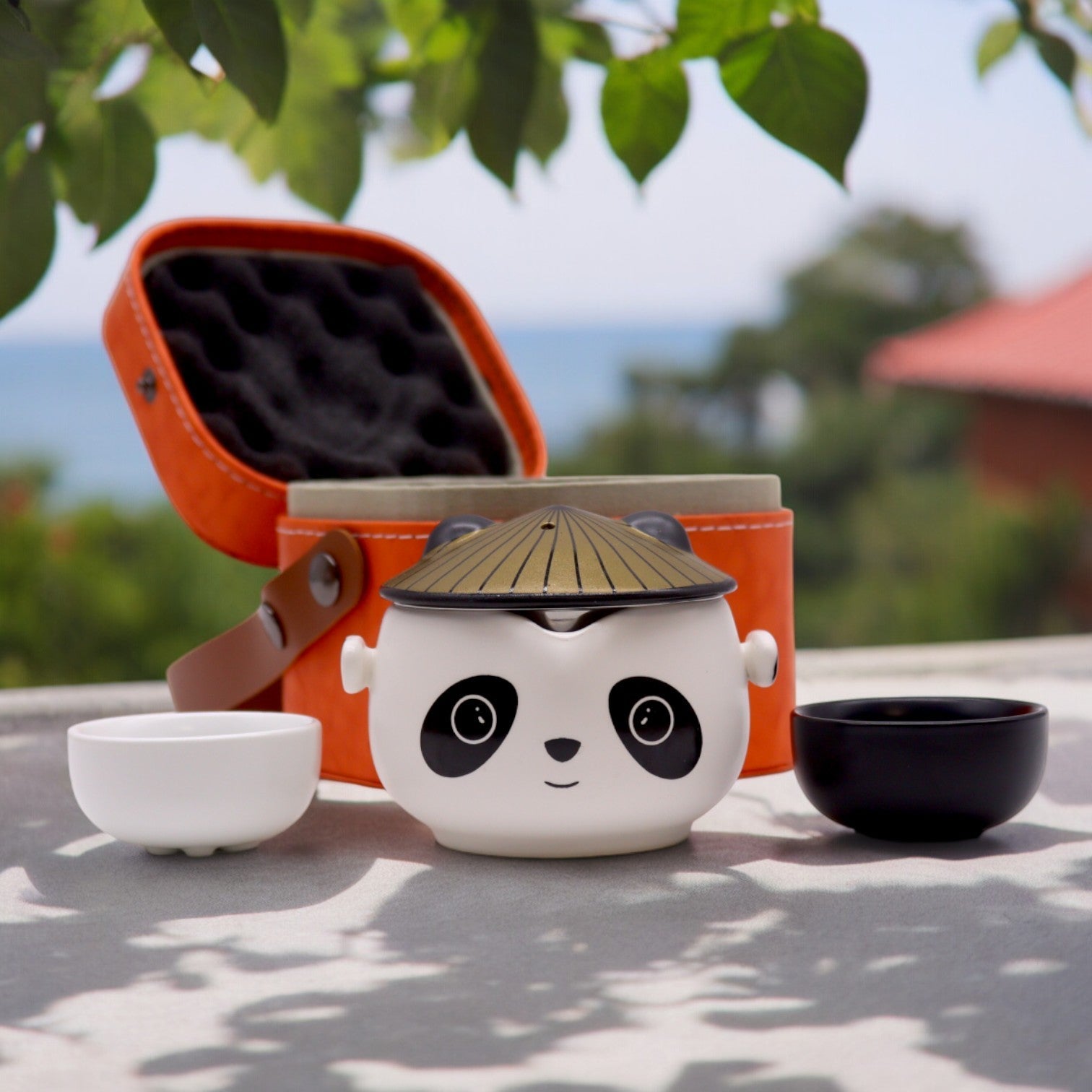 210ml Kung Fu Panda Teapot with an Infuser and a Black and White 2 Cup Set with a Travel Case