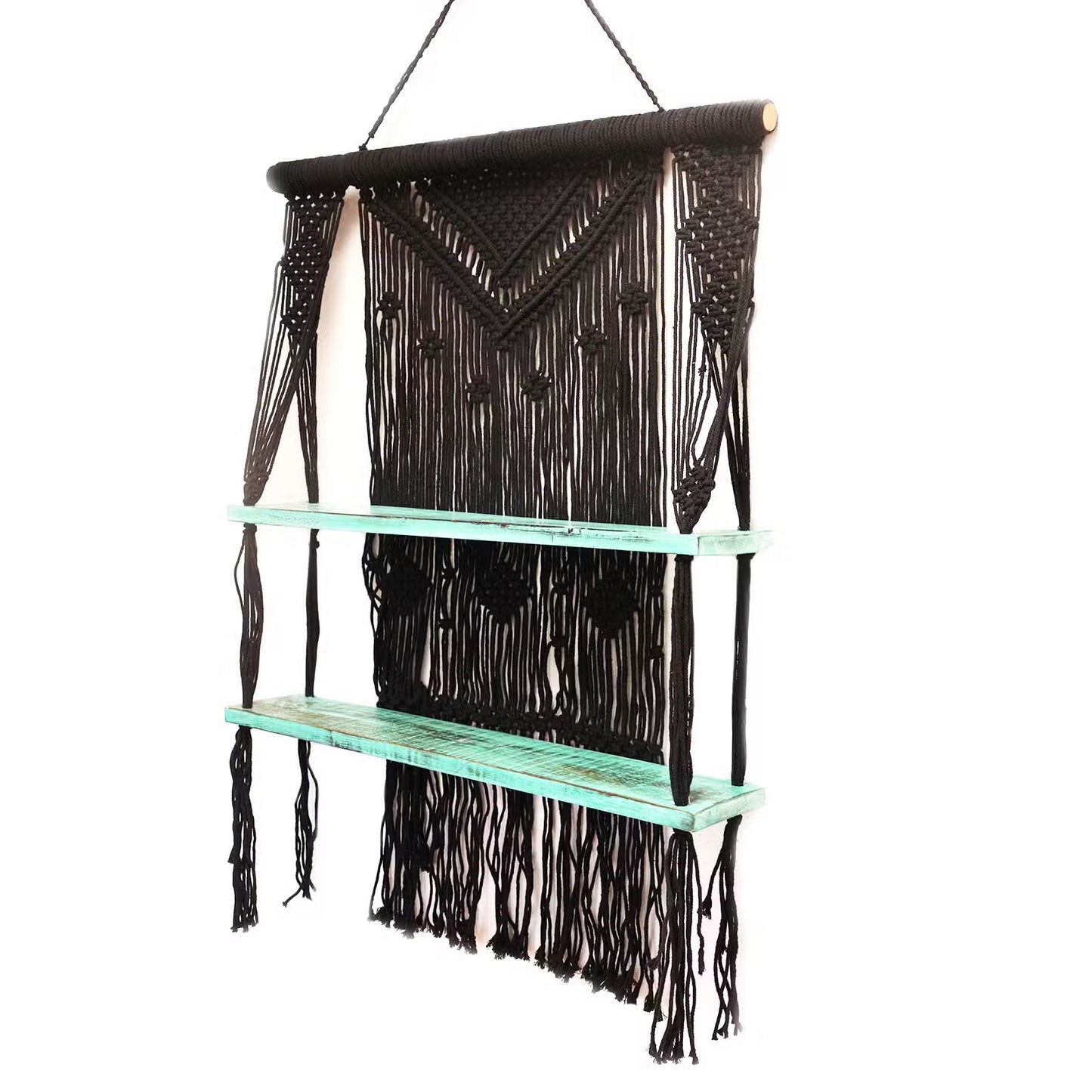 Handmade Eco-Friendly Macrame Cotton and Wooden Hanging Shelves - Turquoise