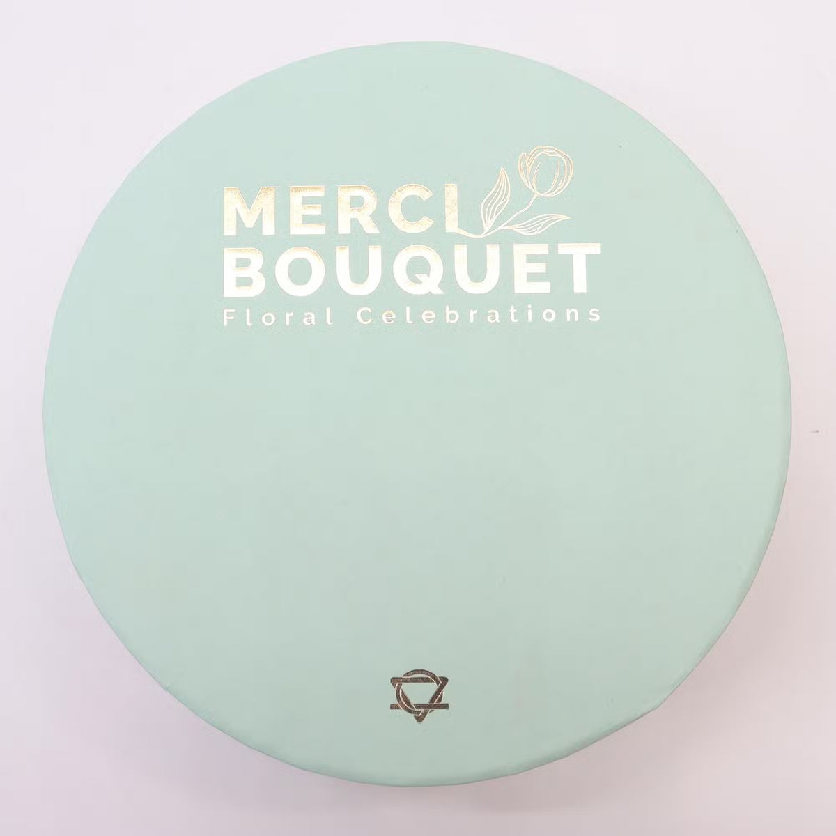 Luxury Soap Flowers - Round - Whites and Ivory, circular mint-green lid with white Merci Bouquet branding, by Quintessential Holistic Health Ltd