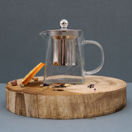 350ml Glass Tower Infuser Teapot Sitting on a Chopping Board