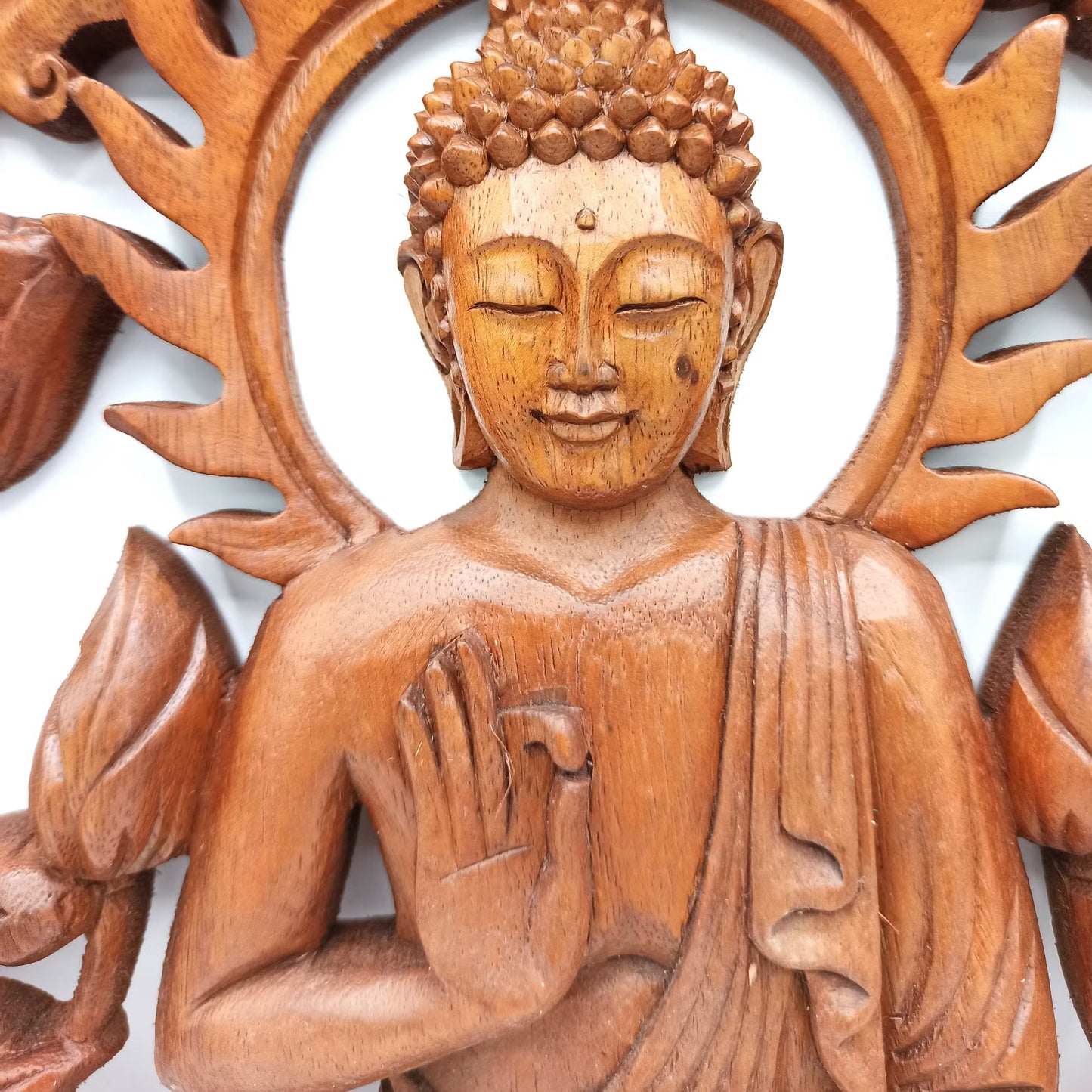 Buddha and Lotus Flower - Handmade Decorative Suar Wooden Plaque - 40cm