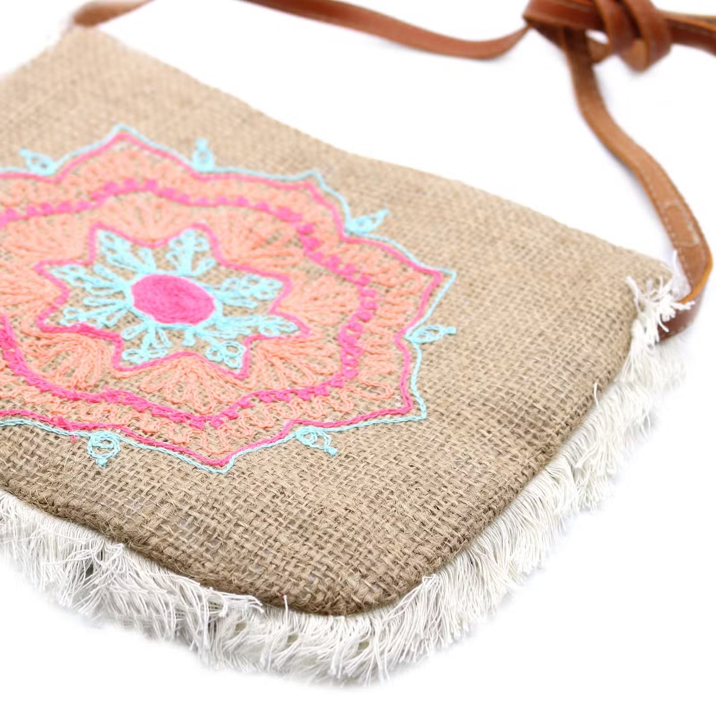 Soft Washed Eco-Friendly Jute Fringe Shoulder Handbags - Colourful Mandala
