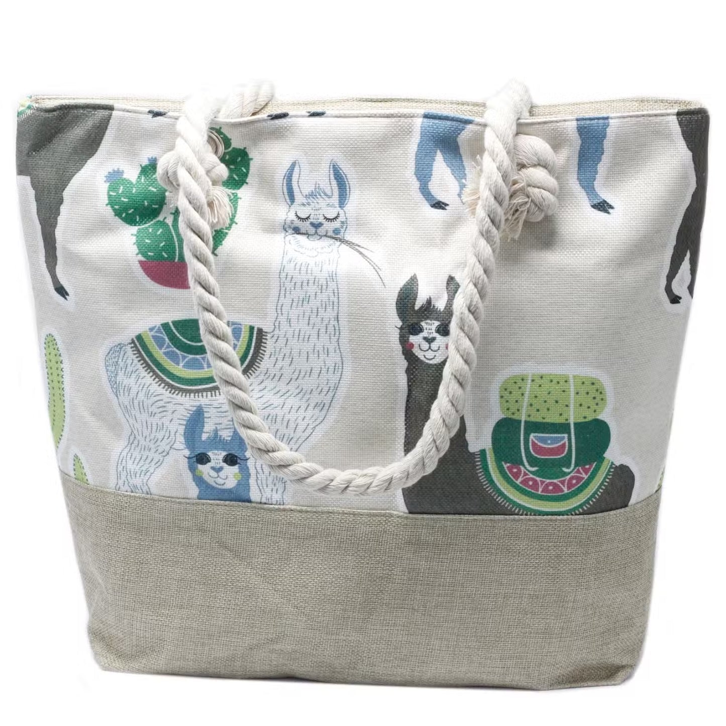 Classic Rope Handled Beach Bag - Llamas