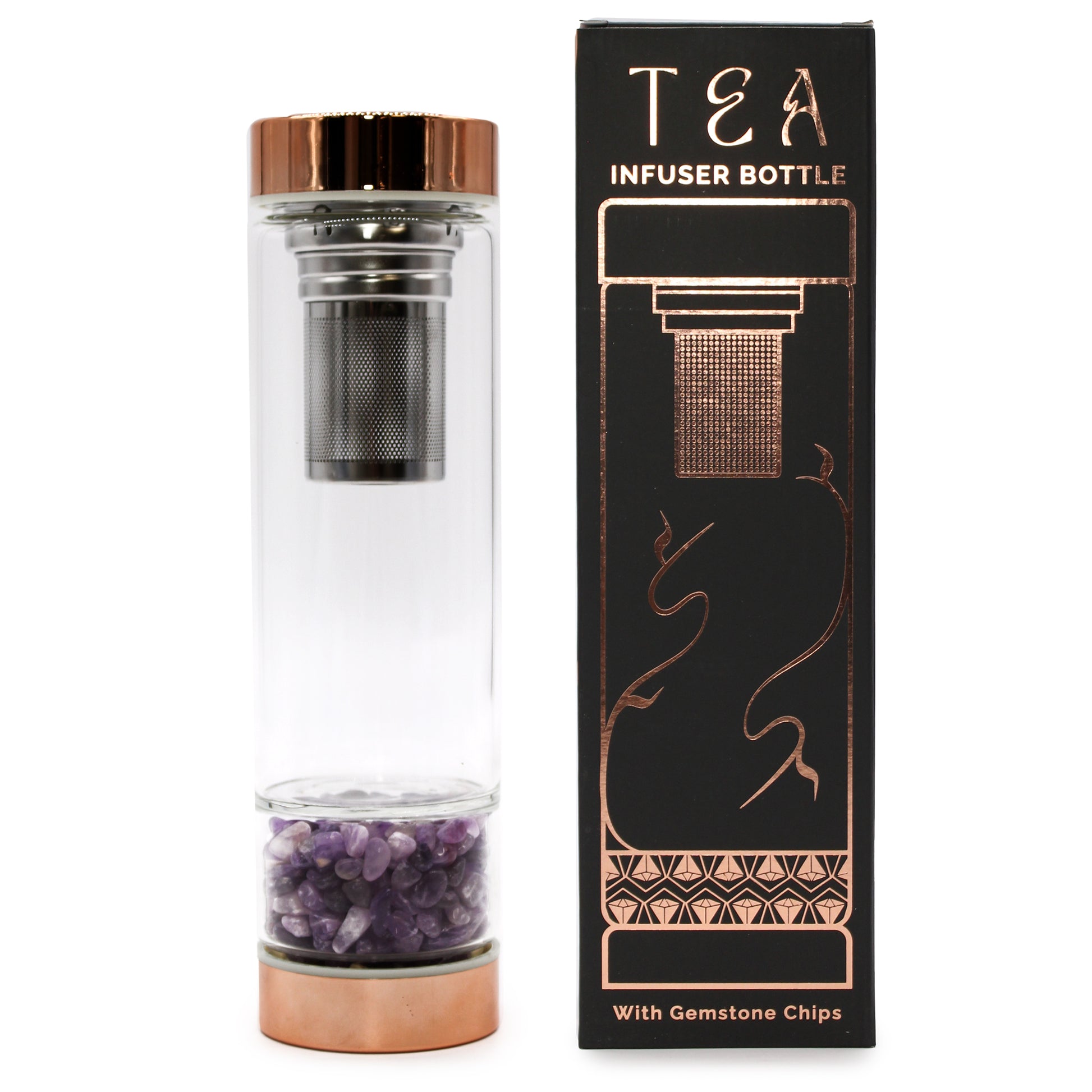 500ml Rose Gold and Crystal Glass Tea Infuser Bottle with Amethyst Gemstones next to Gift Box