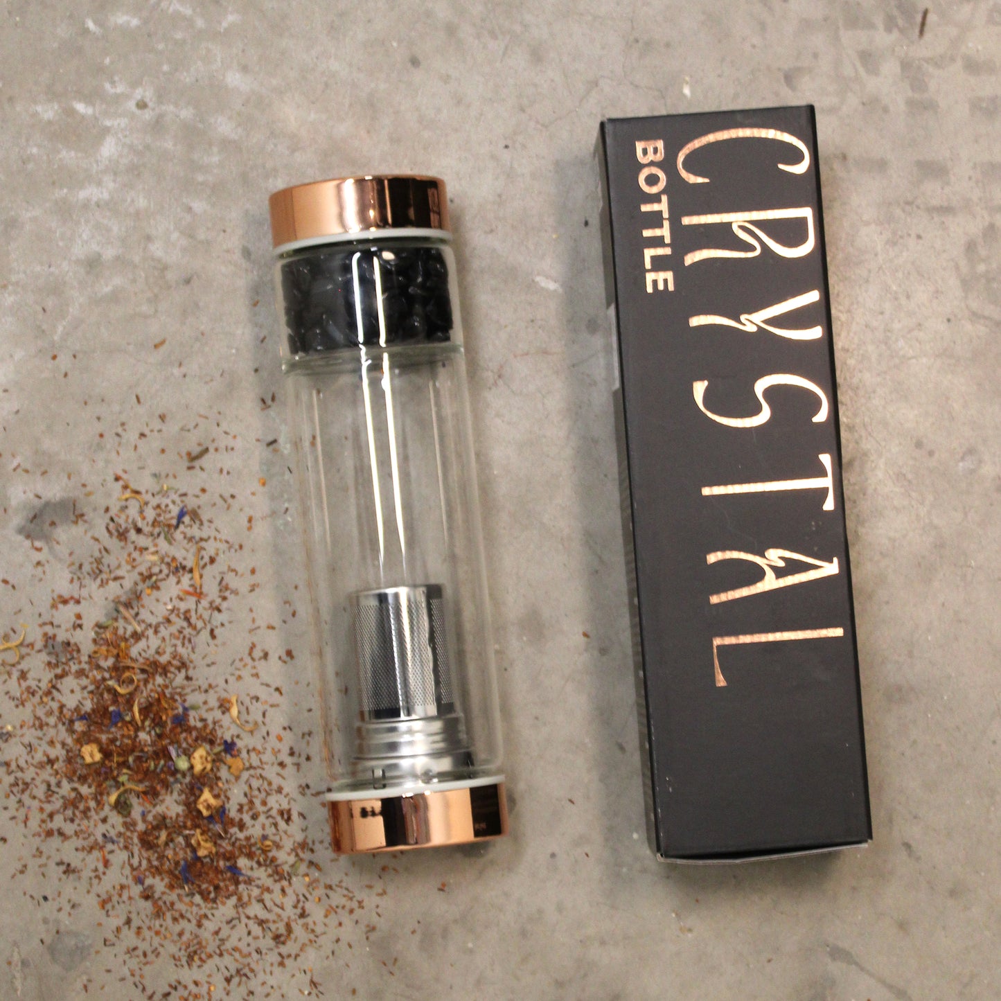 500ml Rose Gold and Crystal Glass Tea Infuser Bottle with Onyx Gemstones showing separate items