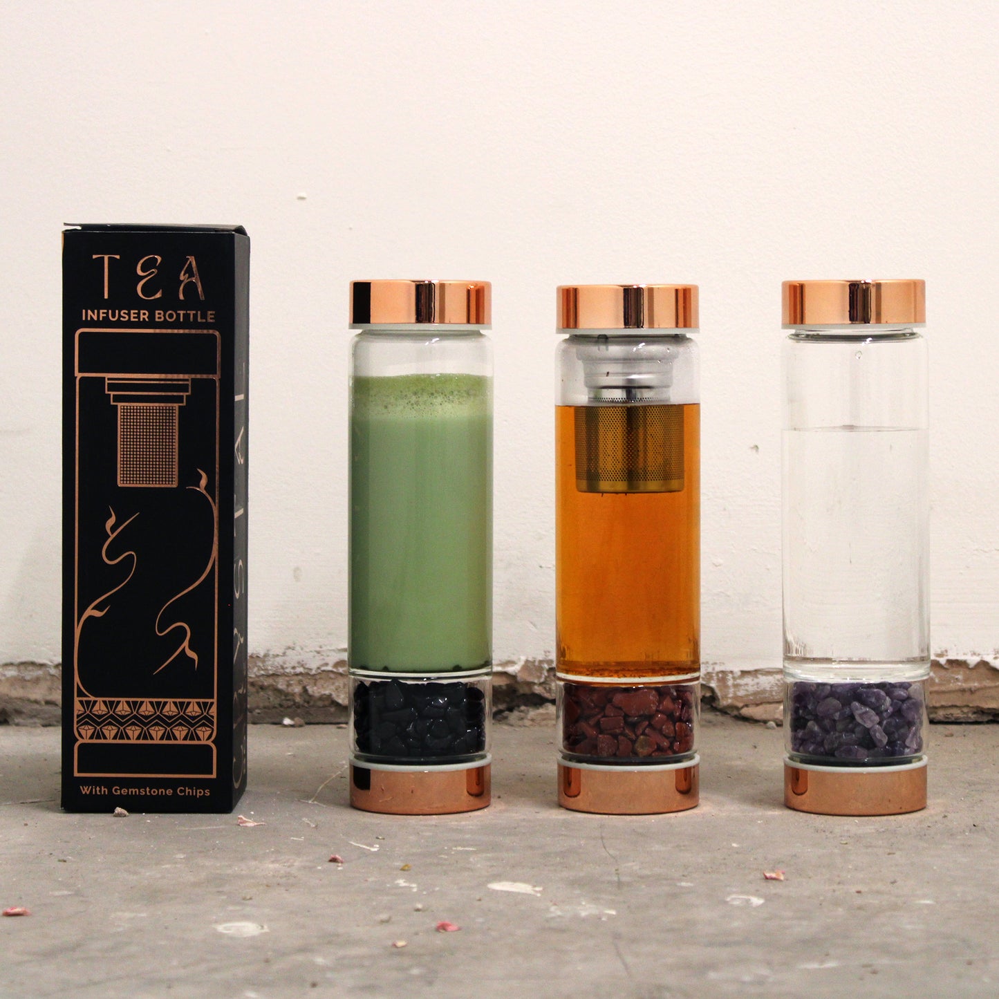 500ml Rose Gold and Crystal Glass Tea Infuser Bottle with Onyx Gemstones with different drinks inside