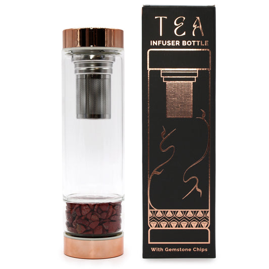 500ml Rose Gold and Crystal Glass Tea Infuser Bottle with Red Jasper Gemstones next to Gift Box