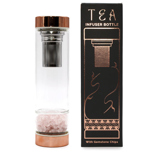 500ml Rose Gold and Crystal Glass Tea Infuser Bottle with Rose Quartz Gemstones next to Gift Box