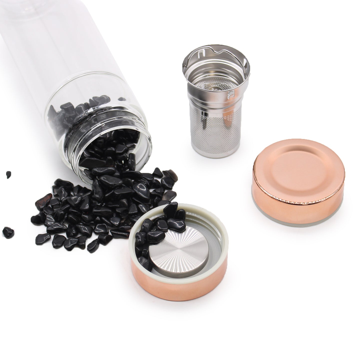 500ml Rose Gold and Crystal Glass Tea Infuser Bottle with Rose Quartz Gemstones showing Compartment