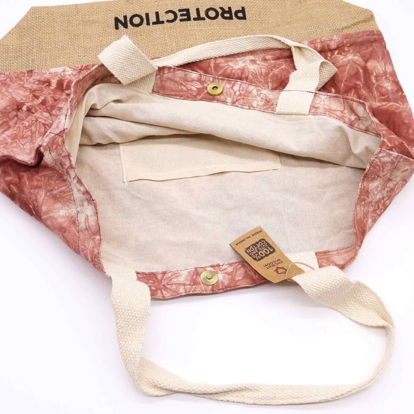 Stonewash Terracotta All Natural Eco-Friendly Jute and Cotton Tote Bag - Hamsa / Protection